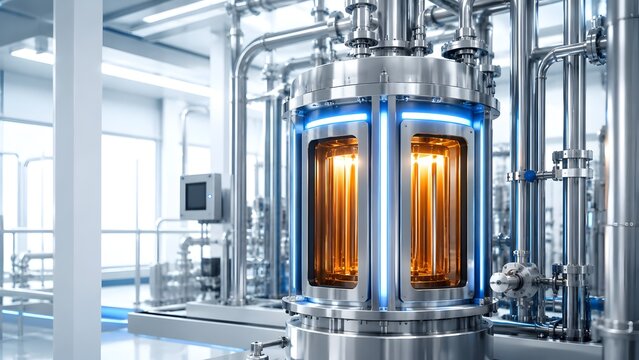 High tech industrial facility featuring a stainless steel reactor tank with glowing orange light tubes, conceptualizing advanced energy research and chemical engineering