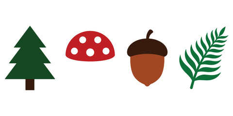 Fototapeta premium Autumn forest nature elements collection. Flat design woodland icons set with acorn, mushroom, and pine tree.