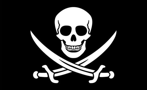Traditional Jolly Roger pirate flag on black background, vector icon.