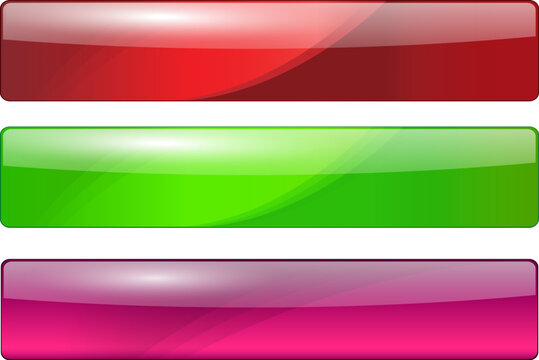 Glossy web banner templates set with copy space, glass buttons in red, green and purple colors, vector illustration.