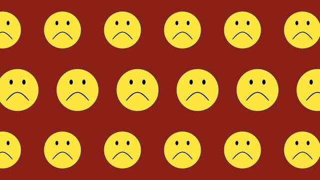 Animated yellow emoji faces sad andfrowning in repeating rows on a deep red backdrop, expressing bad mood playfully.
