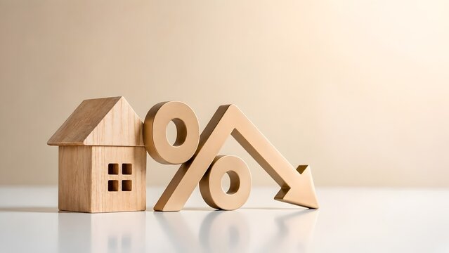 Wooden house model with a descending golden percentage arrow symbolizing falling mortgage rates and affordable real estate investments
