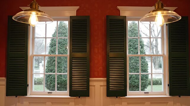 Twin windows with green shutters and hanging vintage lamps.
