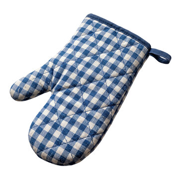 Blue and white checkered oven mitt isolated on a transparent background