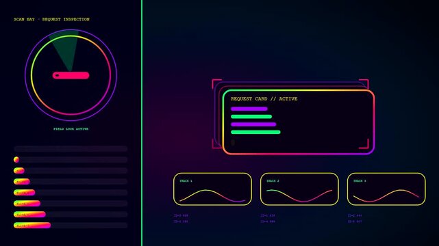 A digital prompt interface displays cascading streaming data nodes as flickering neon pulses transition through circular radar scanning animations within a dark cybernetic software grid environment