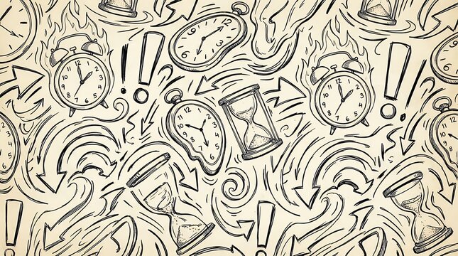 Time Pressure Deadline Doodle Pattern Background with Burning Clocks Exclamation Points and Timepieces time rush deadline doodle background clocks fire exclamation marks timepieces speed urgent