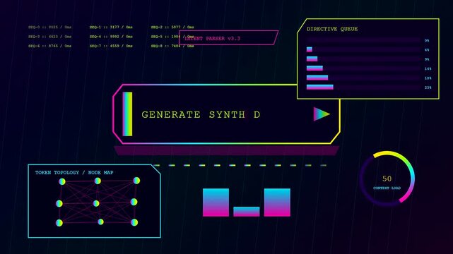 A digital prompt interface displays cascading streaming data blocks with glowing violet and neon cyan bars shifting across a dark grid of abstract graphic elements