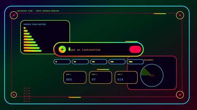 a digital prompt interface featuring glowing neon lines and numeric data readouts displayed on a dark virtual monitor screen representing a futuristic computational software operating system