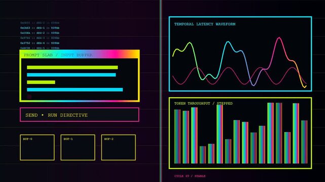 a futuristic prompt interface dashboard displays dynamic data waves and colorful bar charts on a digital monitor providing visual analytics for complex information management systems