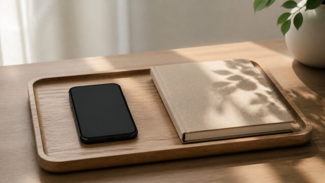 木製トレーに置かれたスマートフォンとノート