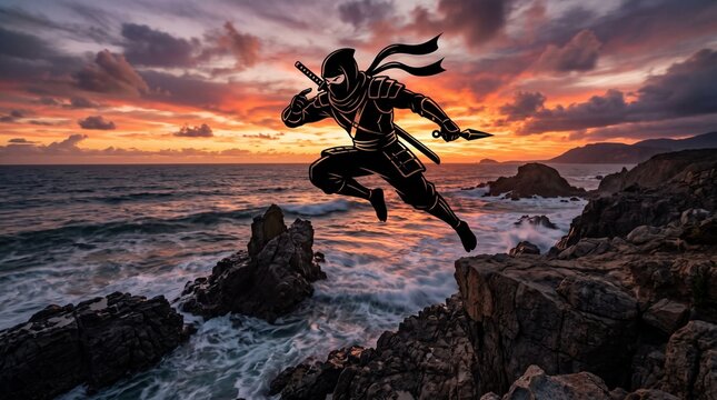 Fierce ninja silhouette jumping over rugged coastal rocks at a dramatic golden sunset