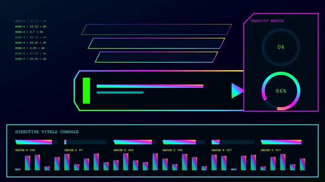 A glowing prompt interface displays complex data streams across three separate panels while flickering neon indicators refresh rhythmic metrics for systemic monitoring and digital output analysis