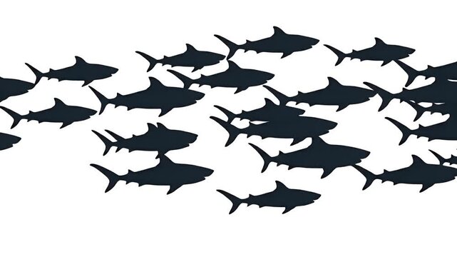 School of shark silhouettes swimming together, predatory marine life, ocean underwater danger, seamless loop motion graphic