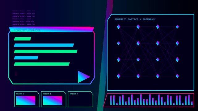 A digital prompt interface displays dynamic data visualizations featuring glowing nodes and interconnected lines within a dark frame that pulses with shifting blue and magenta hues