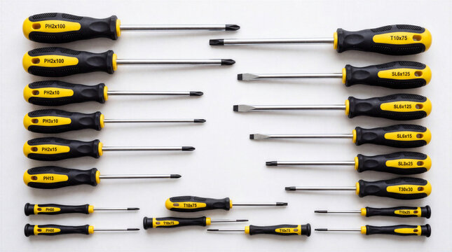 Professional screwdriver set with yellow black handles on white background