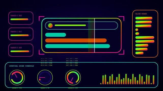 a colorful prompt interface displays flickering data streams with glowing circular charts and linear progress bars moving across three mirrored digital screens in dark space