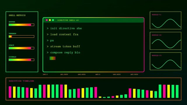 A digital prompt interface shows cascading data streams and animated fluctuating waveforms within a dark terminal environment featuring colorful metrics and rhythmic pulse bar graphs