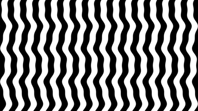 Slow wavy black and white vertical stripes move right in a seamless optokinetic loop. Distorted motion supports vestibular training, eye tracking, neurology, and medical education.
