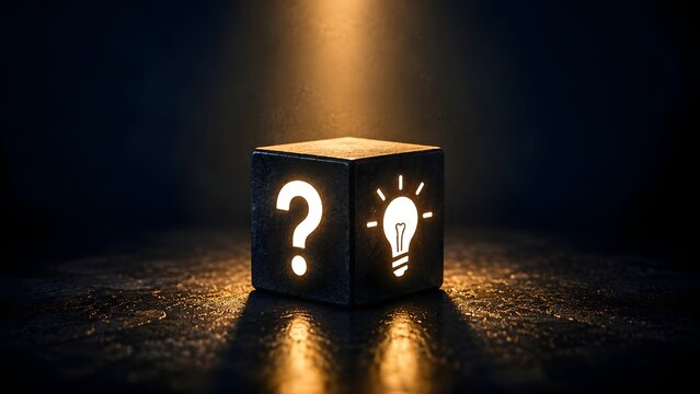 Dark textured cube illuminated by a spotlight revealing a glowing question mark and lightbulb representing problem solving