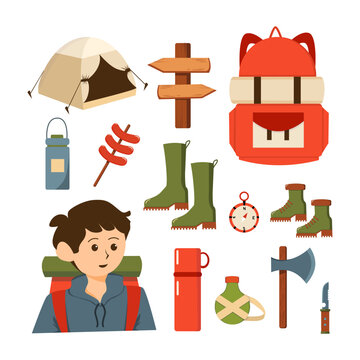 Camping Equipment Collection Flat Illustration, Outdoor Camping Gear Icon Bundle, Camping Essentials Vector Collection