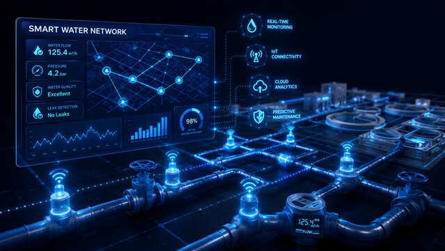 Smart water network interface with glowing connected pipes and valves. Concept of industrial utility monitoring.