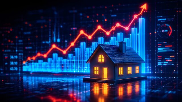 Illuminated 3D house model with rising red financial graph. Concept of real estate investment and property market growth.