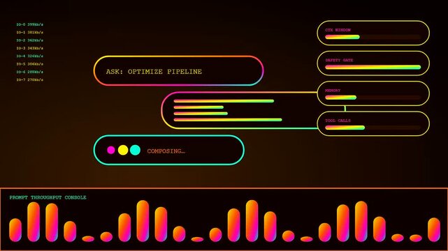 A prompt interface dashboard displays animated loading bars and digital flow metrics across three synchronized panels showing real time computational data processing in dark aesthetic mode