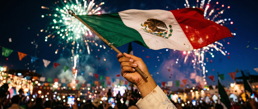 Person waving Mexican flag during fireworks celebration. Patriotic crowd celebrating Mexican Independence Day at a national holiday festival under the night sky.