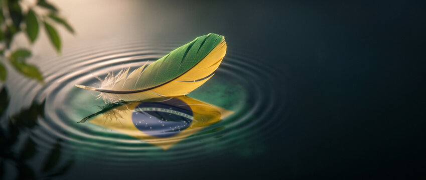 Green and gold feather floating on rippling water with reflected national Brazilian flag colors. Symbol of peace, freedom, unity, remembrance, and national celebration with copy space.