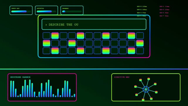A digital prompt interface displays cascading text sequences and graphical data bars while shifting through iterative processing cycles on a dark glowing gradient screen monitor display