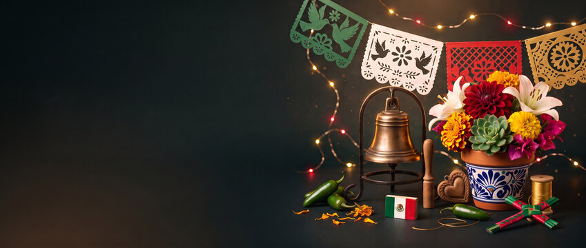 Mexican Independence Day celebration still life with national flag, festive papel picado, flowers, bell, chili pepper and copy space for patriotic holiday greeting