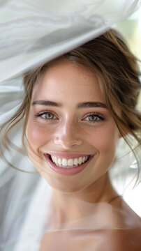 Bride on her wedding day, radiant happy smile, healthy white teeth, veil in the background, soft romantic lighting