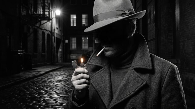 Mysterious man in fedora hat lighting a cigarette in a dark rainy city alleyway