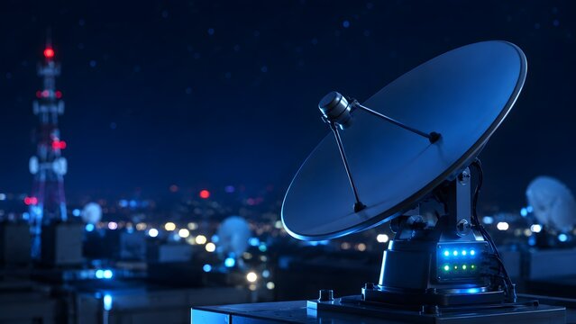 Satellite dish receiver on a building rooftop against a starry night sky. Concept of global wireless communication and telecommunication.