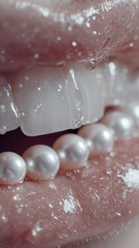 Extreme close-up on lips and teeth, smiling, white pearls, saliva texture
