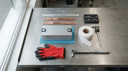 Naklejka premium Battery factory workbench with prism cell, busbars, separator roll, caliper, insulated gloves, anti-static tray, and torque wrench