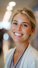 Fototapeta premium Portrait of a doctor smiling, professional, white healthy teeth, hospital hallway bokeh