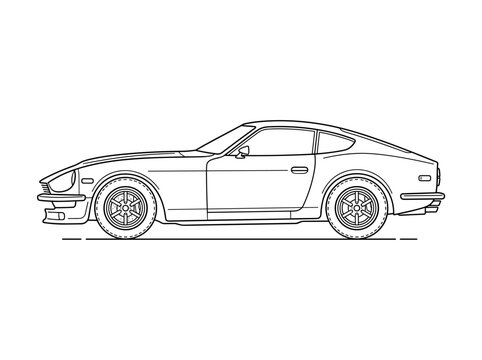 Outline vector illustration of classic vintage Japanese sports car in side view profile