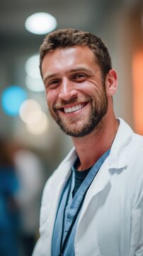 Portrait of a doctor smiling, professional, white healthy teeth, hospital hallway bokeh