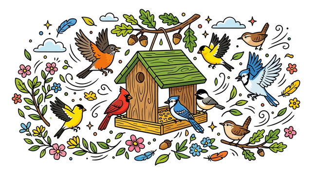 Colorful Birds Flying Around a Birdhouse with Floral Surroundings.