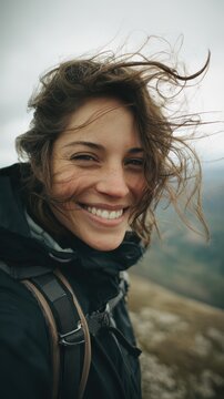 Portrait of a hiker on mountain top, wind in hair, happy white smile