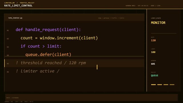 Programming interface displaying rate limiting implementation with threshold monitoring and queue management. Warm-toned code editor shows request handling logic. Software engineering.
