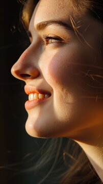Side-lit portrait of a woman, shadows accentuating a bright white smile, dramatic contrast
