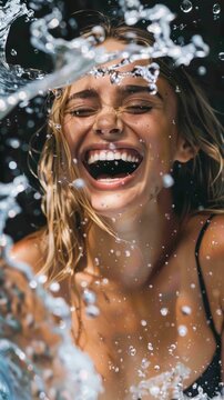 Woman laughing while drinking water, water splashes, bright white teeth, refreshing look
