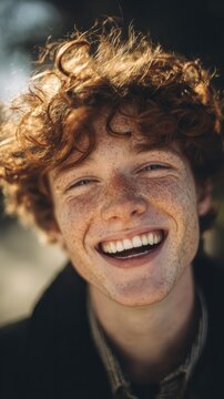 Young man with freckles, wide joyful smile, white teeth, sunny park light