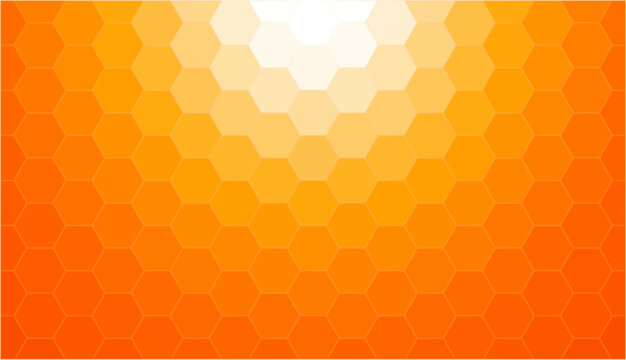 Orange hexagon pattern with radial sunburst effect, honeycomb sunny mosaic vector texture.