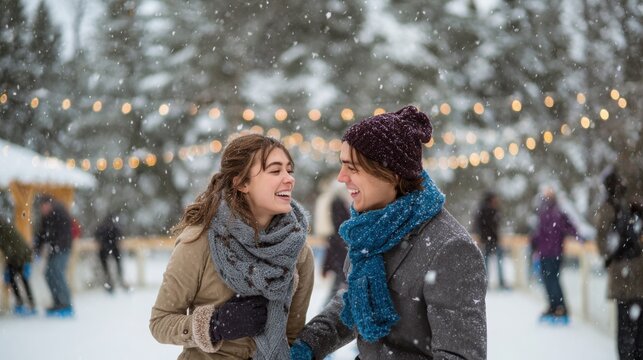 Happy young couple laughing together while ice skating outdoors during a gentle winter snowfall