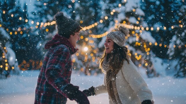 Joyful young couple skating together amidst falling snow under glowing outdoor winter string lights