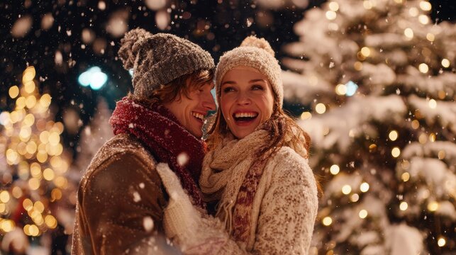 Happy young couple embracing outdoors during winter snowfall with festive golden holiday lights