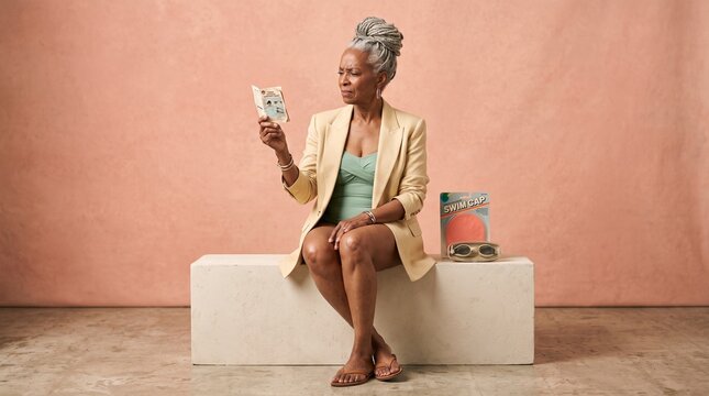 73-Year-Old African-American Woman in Champagne Blazer Reading Tiny 1980s Manual with Packaged Swim Cap and Goggles